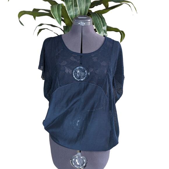 Free People Navy Mixed Lace Top S - Picture 1 of 7